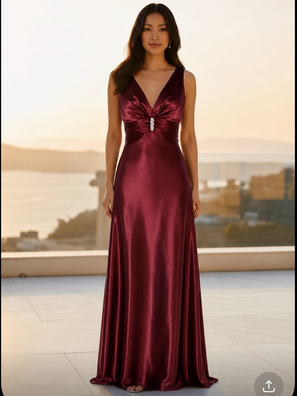 David's Bridal Burgundy/Wine Satin V-Neck Bridesmaid Gown